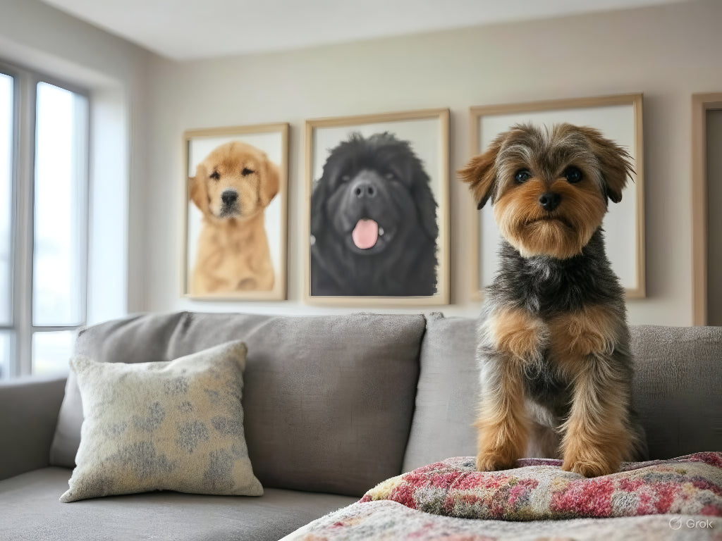 Happy customer holding custom pet portrait - 5-star personalized dog art review